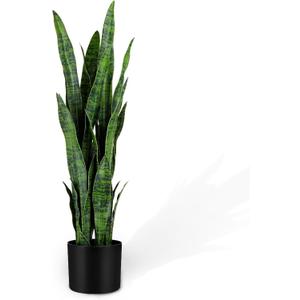 KOL 3ft Artificial Snake Plant, Fake Sansevieria Potted Plants, 32 Thick Lifelike Faux Leaves, Indoor Home Office Decor, Mother-in-Law Tongue Houseplant, 35in, Green (1-Pack)