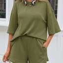 Tankaneo Womens 2 Piece Outfits Sweater Set Lounge Sets 3/4 Sleeve Oversized Tops and Elastic Waist Shorts Pajama Sets (Green)