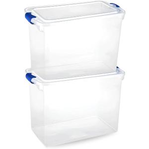 HOMZ 2-Pack Latching Lid, Clear Plastic Storage Organizer Bins, 112 Quart, Blue Latch - Stackable Organizing Containers for Home, Garage, and Office