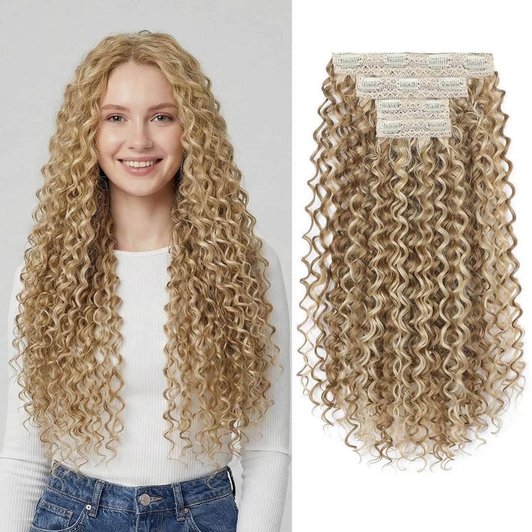 REECHO Curly Hair Extensions - 4PCS Clip In Hair Extensions Kinky Curly Clip Ins 3B 3C 4A Full Head Long Soft Synthetic Hairpiece for Women, Medium Blonde with Highlights