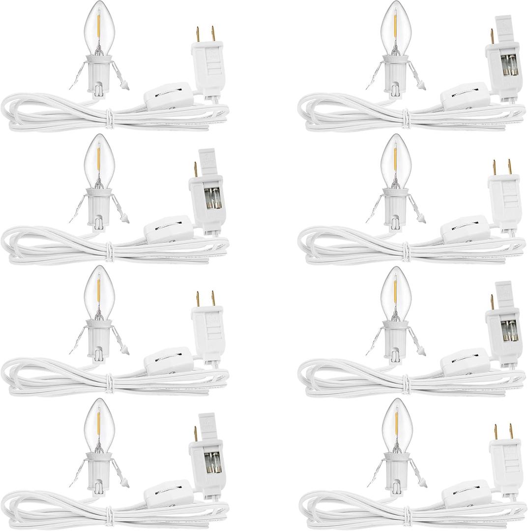 Feekoon 8 Packs 6ft Village Light Cord with 1W C7 LED Bulb, Salt Lamp Cord with ON/Off Switch and 2 Spare Fuses, Blow Mold Light Ideal for Christmas Village House Craft Decorations