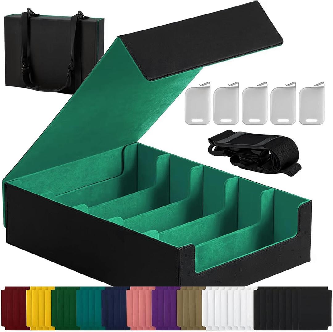 Magnetic Leather Trading Card Storage Box - 5-Row Deck Case Design, 3900+ Capacity for YuGiOh, MTG, TCG and Sports Cards, Includes 24 Colorful Dividers & 5 Card Supports (Black/Green)