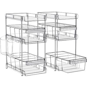 Clear Bathroom Organizers 2 Sets 3 Tier, Pull Out Organizer and Storage with 2 Cups, Slide Out Drawer Storage Container with 6 Dividers, Multi-Purpose Bathroom Organizer, Kitchen Under Sink Organizer