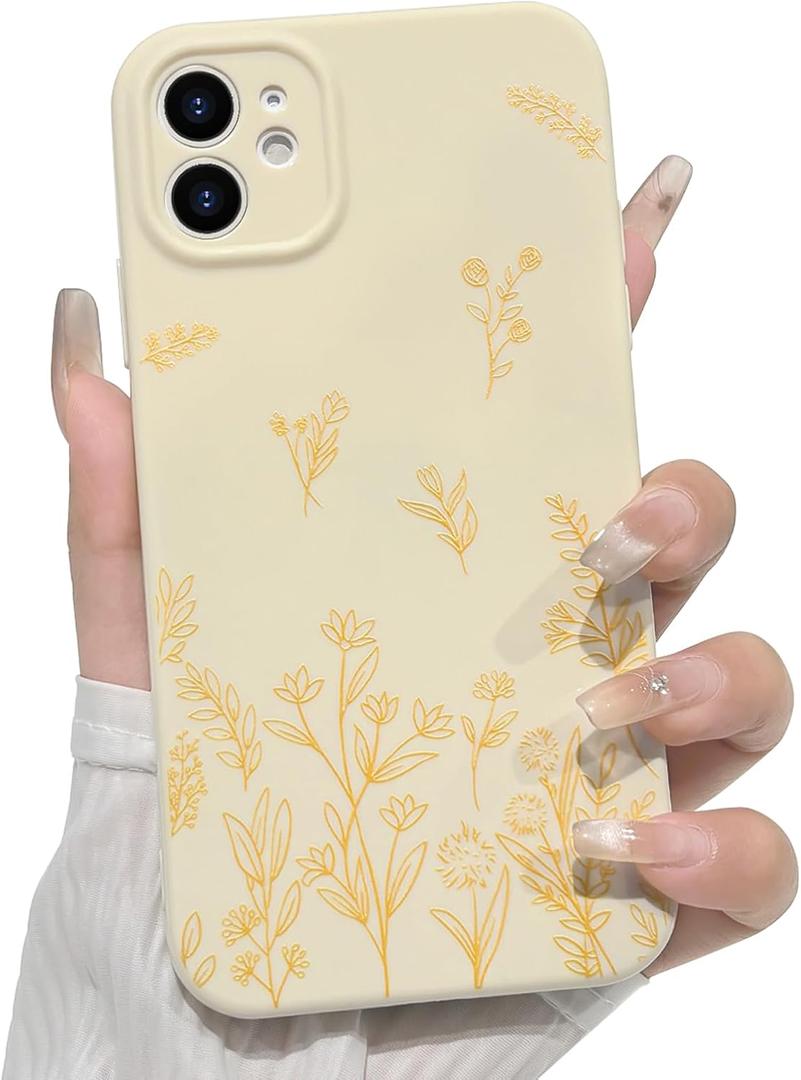 NITITOP Compatible with iPhone 12 Case Cute Flowers Floral Plant Pattern for Women Girls Trendy Slim Fit TPU Bumper Silicone Shockproof Full Camera Protection Cover - Yellow