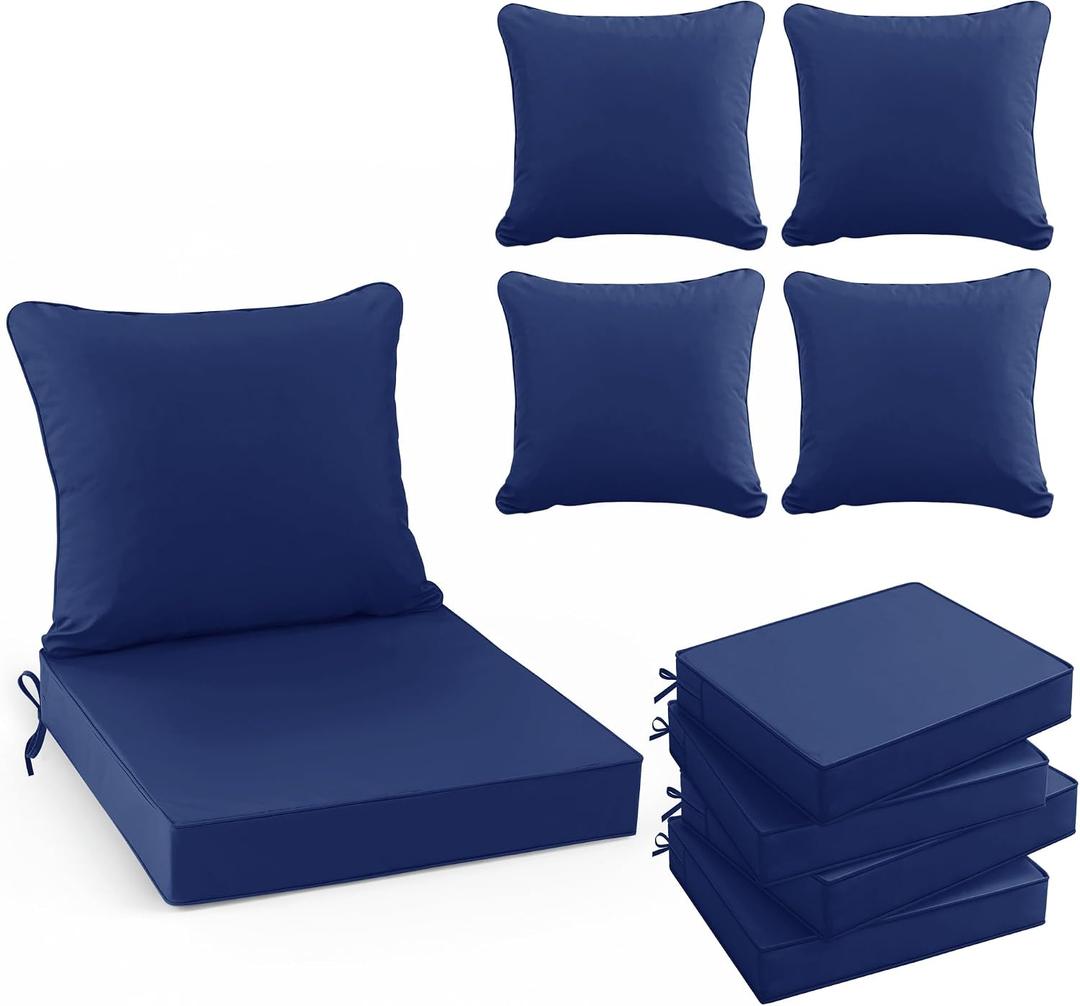 Summsun Outdoor Chair Cushions Set of 4, Waterproof Backrest and Deep Seat Cushion Set for Patio Furniture, Outdoor Replacement Cushions with Removable Cover, 22 x 22 Inch, Navy
