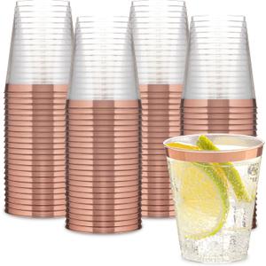 PLASTICPRO Disposable 7 oz Crystal Clear Plastic Tumblers With Rose Gold Rim for Party's & Weddings pack of 100
