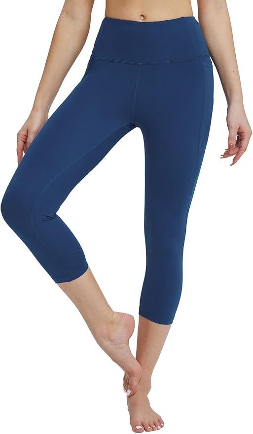 baleaf Women's Capri Leggings with Pockets High Waisted Workout Yoga Running Gym Pants for Casual Summer (Large, Blue)