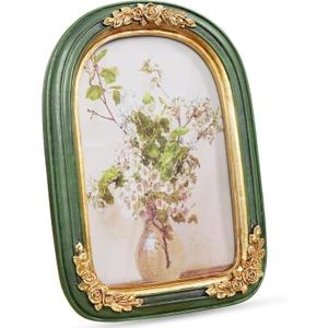 Cuspin Vintage 5x7 Picture Frame, Ornate Gold Green Arch Frames Resin Photo Frame with Glass Front for Tabletop or Wall Display, Antique Decorative Frame for Home Decor or Gift