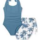 Girls Swimsuit Halter Neck One Piece Bathing Suit with Tropical Printed Cover Up Skirt Girls' Swimwear Set 7-18Y (13-14 Years, Dark Blue-1)