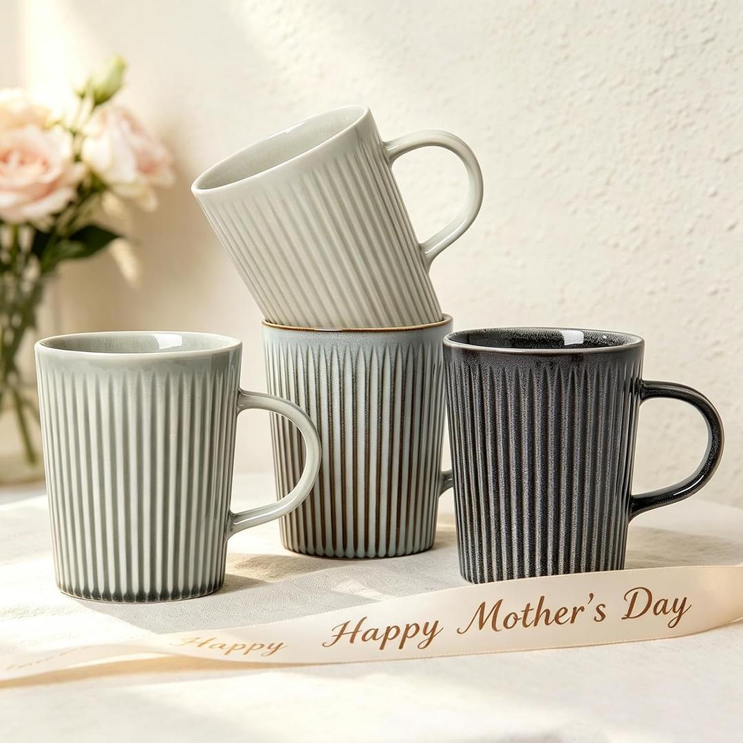 Coffee Mugs Set of 4 Modern Striped Stoneware Coffee Cups with Handle, Large Ceramic Gift Set for Women and Men, Dishwasher and Microwave Safe, 18oz for Hot Coffee, Tea, Cocoa, Milk