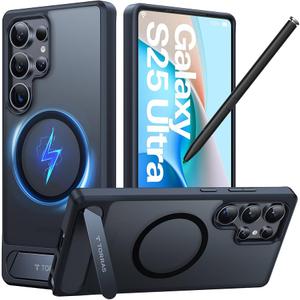 TORRAS Strong Magnetic & Seamless Stand for Samsung Galaxy S25 Ultra Case, Fit for MagSafe, MilGrade Drop Protection, Kickstand for Samsung Galaxy S25 Ultra Case, Translucent Back/Black Edge