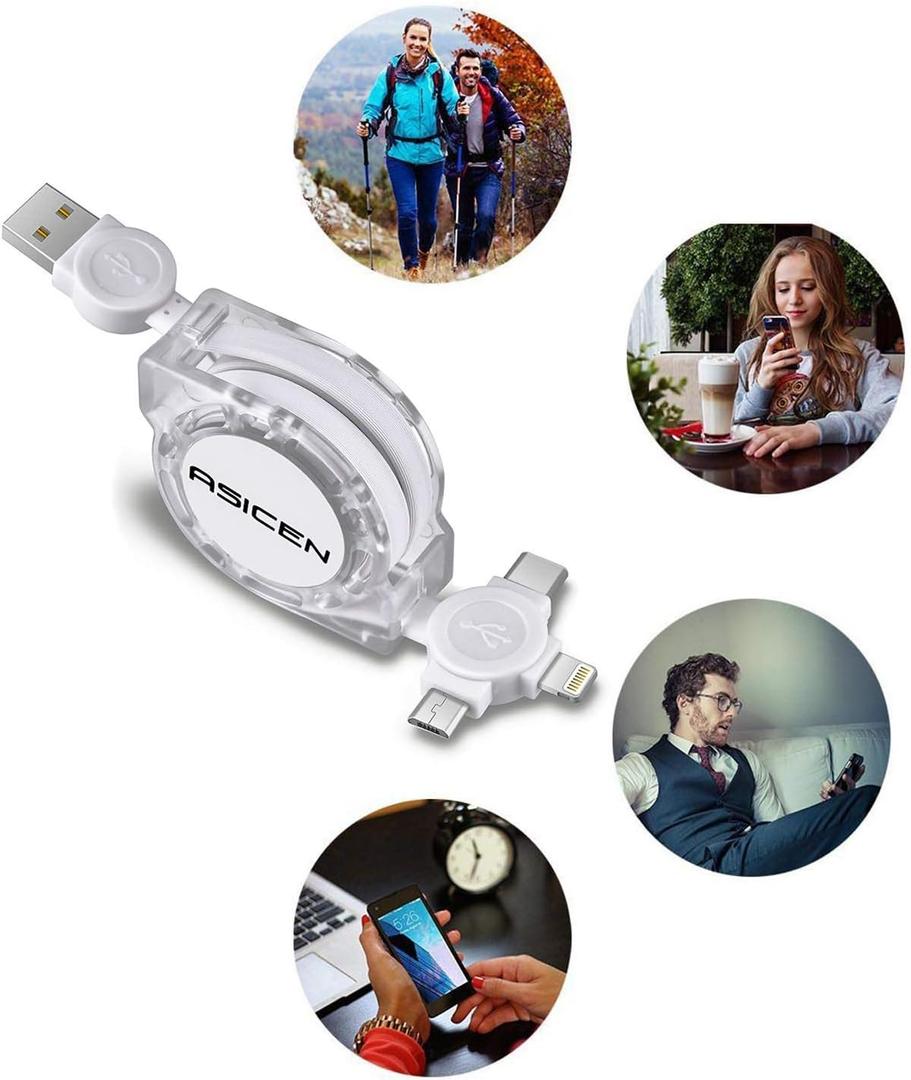 ASICEN 3 in 1 Multi Charger Cable, 2Pack Retractable Charging Cable[1M], Multi USB Phone Charger with IP/Type C/Micro USB for iPhone17/16/15/14/13/12/Samsung Galaxy/Pixel/Sony/LG/HTC/Tablets