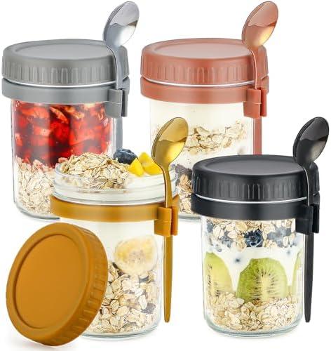 DRKIO 4 Pack Overnight Oats Containers with Lids and Spoons 16 Oz Glass Mason Jars for Overnight Oats Jars Leak Proof Oatmeal Container Great for Cereal Fruit Vegetable Milk Salad Yogurt Meal Prep