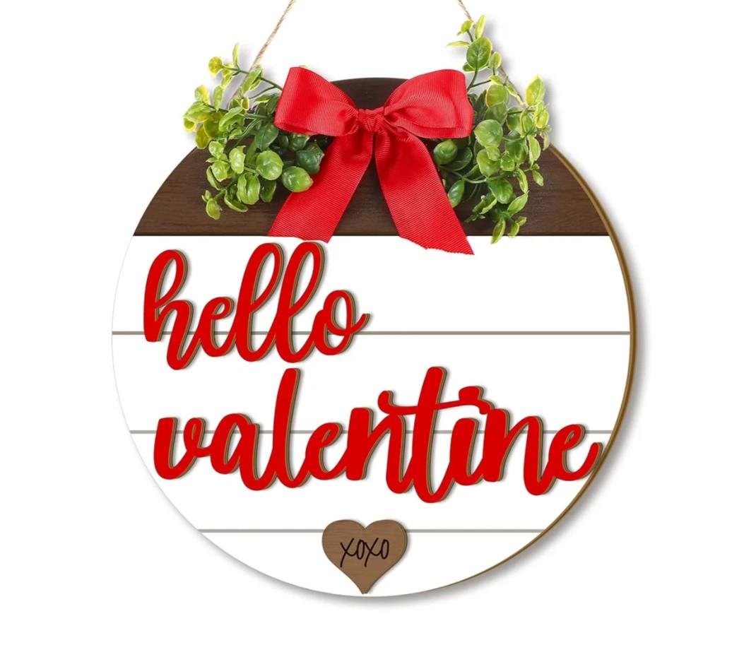 Boao Hello Valentine's Day Wooden Hanging Sign Farmhouse Door Decor Hello Valentine Vintage Heart Red Bow Door Wreath Rustic Wall Plaque Decorations for Window Wall Front Porch Hanger