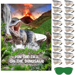 Faccito Pin Tail on Dinosaur Birthday Games Dino Party Decorations Large Poster with 24 Dino Tails Stickers Blindfold Pin The Tail Games for Dinosaur Birthday Party Decorations Activities Supplies