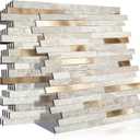 KASARO Peel and Stick Marble Tiles, Self-Adhesive Aluminum Wall Tile Stick on Bathroom, Fireplace, RV, Marble Beige with Vintage Golden Embellished Stripes, 10-Sheet