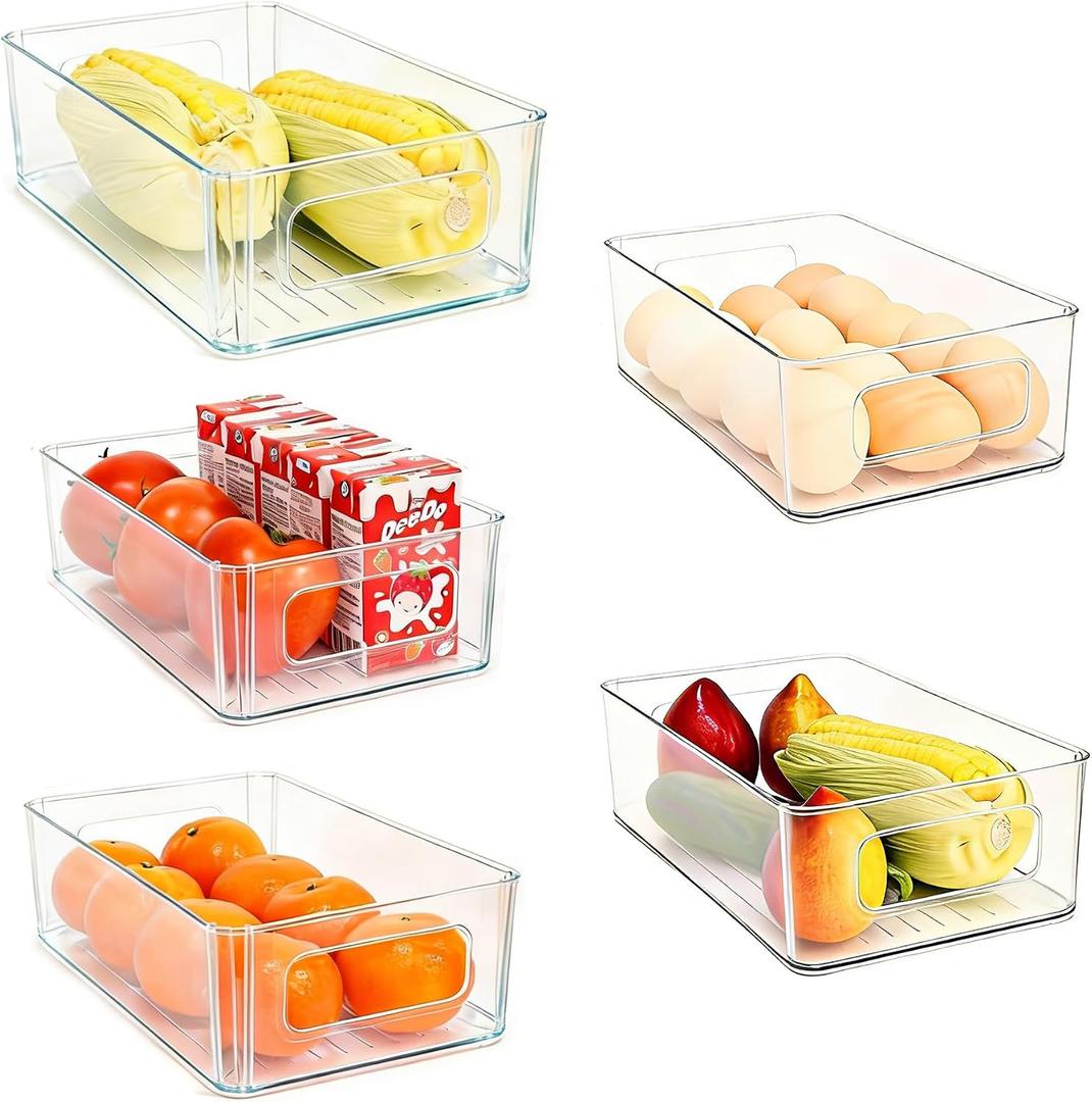 Refrigerator Organizer Bins 5 Pack Stackable Fridge Organizers with Handles Clear Freezer Storage Containers for Pantry, Cabinets,Shelves, Drawer BPA-Free Plastic Kitchen Organizers