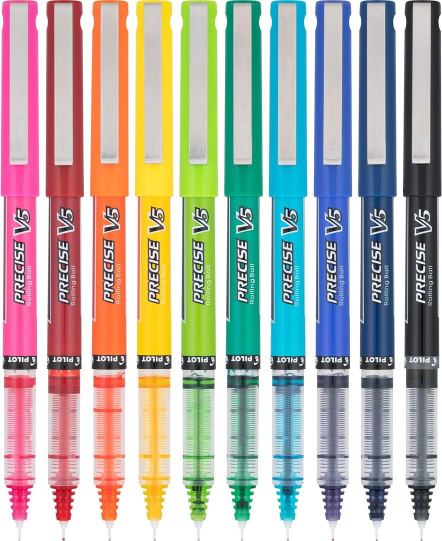 PILOT Precise V5 Stick Liquid Ink Rolling Ball Stick Pens, Extra Fine Point (0.5mm) Assorted Ink Colors, 10-Pack (12562)