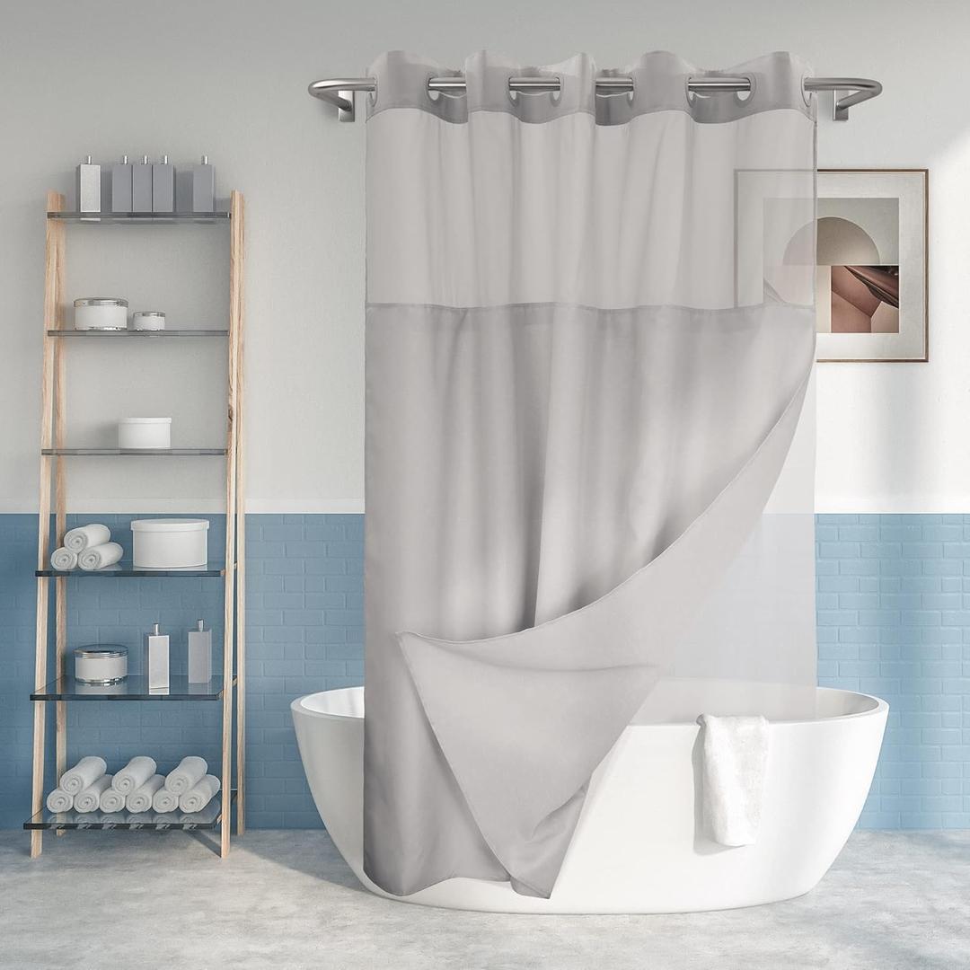 River Dream Long No Hook Slub Textured Shower Curtain with Snap-in PEVA Liner Set - 71" x 77"(75"), Hotel Style with See Through Top Window, Grey Fabric Curtain & Waterproof Liner, Gray, 71x77