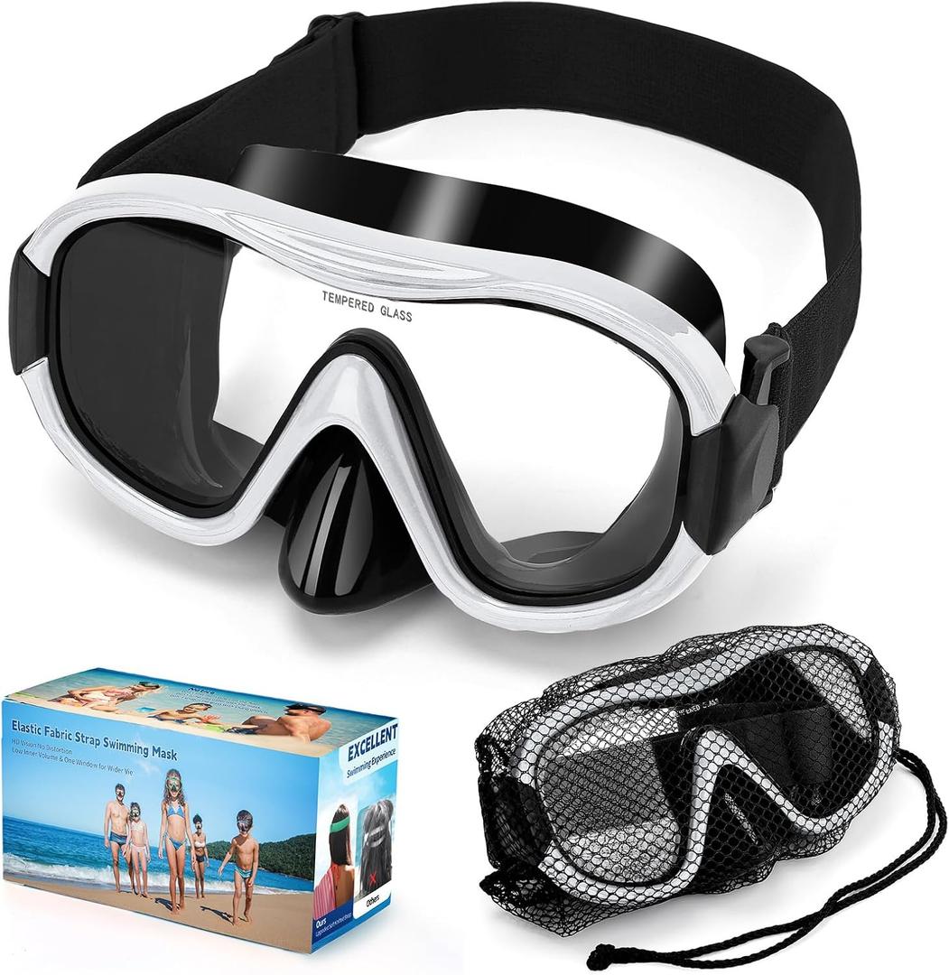 Swimming Goggles Scuba Snorkeling Mask for Adults, Adjustable Elastic Knitted Strap Swim Goggles, Tempered Glass with Panoramic Scuba Snorkel Diving Mask for Adults