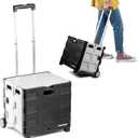 CleverMade Collapsible Wheeled Crate with Lid, 2-Wheels – Stable Rolling Crate with Handle and Large Wheels for Fragile Items, Heavy Loads and Easy Storage - 35L and 75lb Capacity, Black/Cream