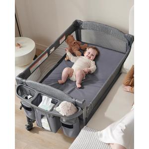4 in 1 Baby Bassinet Bedside Sleeper, 4 Functions Crib, Playard, Portable Changing Table, Bassinet for Newborn Baby, Bedsaide Bed w/Wheels&Brakes (Dark Gray)