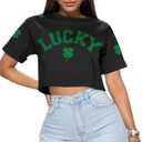 Women's St Patricks Day Irish Lucky Clover Crewneck Crop Top Short Sleeve Funny Holiday Novelty Shirt L (L)