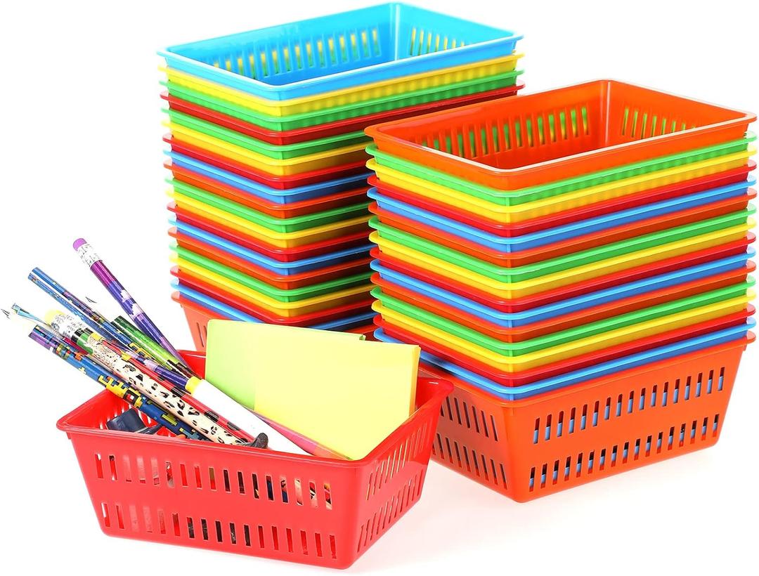 Sherr 36 Pack Classroom Storage Basket Small Plastic Basket for Organizing Crayon Pencil Container Storage Bin Tray Holder for Paper Shelf Back to School Office Supply 6.1"l x 4.3"w x 2.4"h(Colorful)