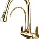 HUAHUALALA Kitchen Sink Faucet with Pull Down Sprayer 2 Handle 3 in 1 Water Filter Purifier Faucets, Brass Drinking Water Faucet Reverse Osmosis Gold