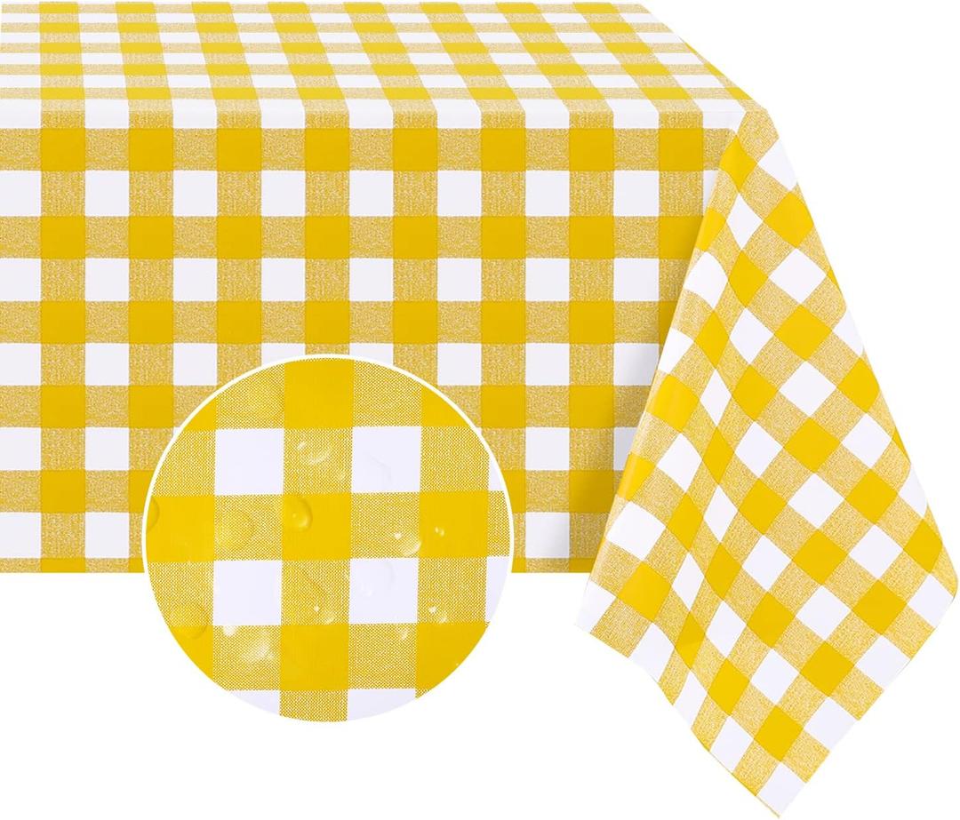 Romanstile Square Vinyl Tablecloth, 100% Waterproof Buffalo Gingham Plastic Table Cloth, Heavy Duty Wipeable Checkered Table Covers for Outdoor, Camping, Picnic, Patio - 54 x 54, Yellow and White