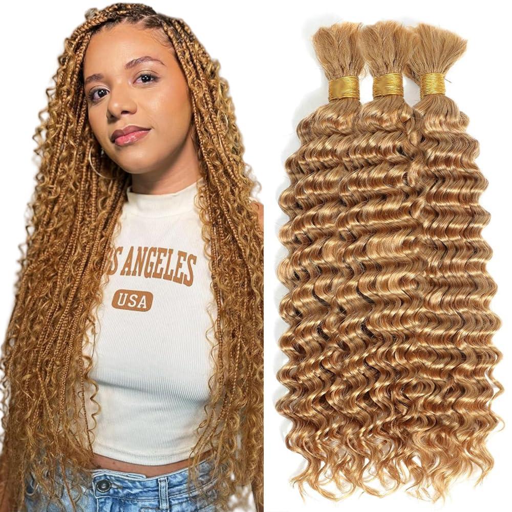 #27 Blonde Human Braiding Hair Deep Wave Bulk 12 12 12 Inch Honey Blonde Deep Wave Braids Human Hair Extensions Unprocessed Virgin Remy Hair 3 Bundle 50 Gram Per Bundle