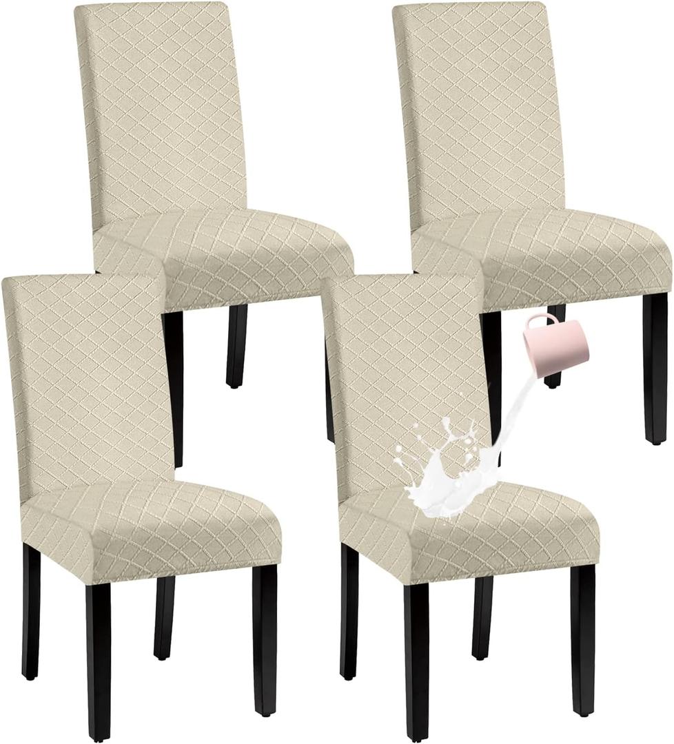 Waterproof Dining Chair Cover,Spandex Fabric Fit Stretch Chair Slipcover,Removable Washable Jacquard Parsons Chair Covers (Beige,Set of 4)