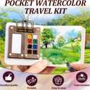 Mini Watercolor Travel Set, Mini Watercolor Paint Set, Pocket Watercolor Sets with Paint, Brush, Sketchbook & Copper Clip, Travel Water color Kit for Beginners, Artists & Painting (8 Grids)