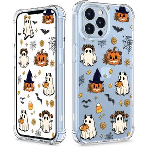 Spooky Halloween Case for iPhone 13 Pro, Slim Clear Cover with Cute Pumpkin & Ghost, Soft Touch Shockproof Bumper, 6.1" Protective Case