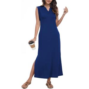 Women's Slim Fit Maxi Dress 2025 Summer Sleeveless Casual Elegant Vacation Dress with Pockets,Navy Blue, Small
