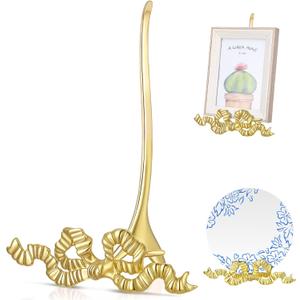 Gold Bowknot Plate Stand for Display Bow Iron Easel Display Picture Frame Holder Stand for Book Plate Photo Art Plaque for Cabinet Kitchen Counter Bar Restaurant Cafe (6 x 8 x 4 Inch)