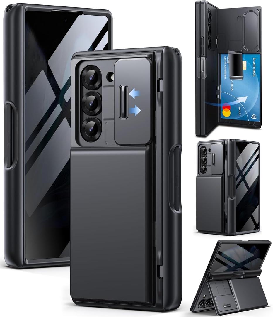 TONGATE Wallet for Z Fold 6 Case with Privacy Screen Protector, [4-Card Holder][Anti Spy] Built-in Large Stand & Slide Camera Cover Z6 Shockproof Phone Case for Samsung Galaxy Z Fold 6 2024, Black