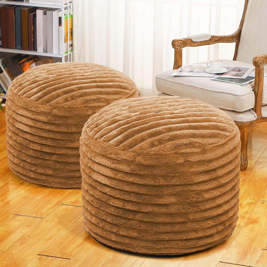 2 Pcs 26 x 18 Inch Unstuffed Pouf Cover Ottoman Foot Rest - No Filler, Faux Rabbit Fur Foot Stool Floor Bean Bag Floor Chair Storage for Living Room Bedroom Home Decor(Brown)