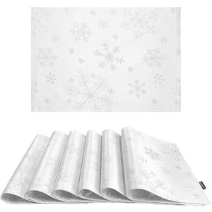 HARORBAY White Placemats Set of 6, Silver Snowflake Placemats for Dining Room Kitchen Party Winter Holiday, Heavy Weight Soft Farmhouse Place Mats (Icey Serie, 13 x 19 Inch)
