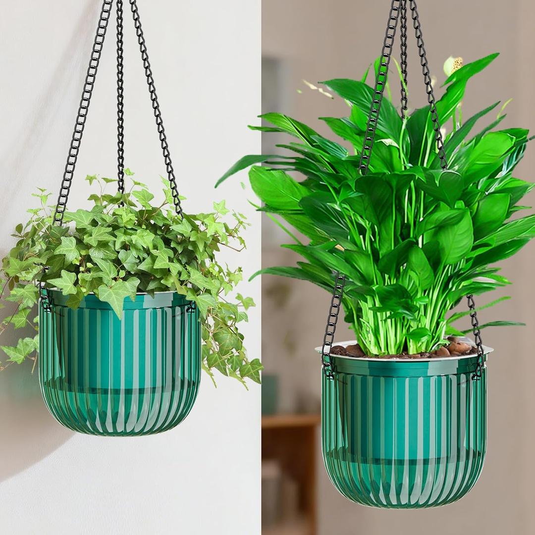 Halatool 2 Pack 6.5 Inch Self-Watering Hanging Planters for Plants, Indoor Hanging Flower Pots for Garden Home Wall Decor, Green