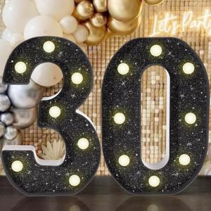8.7In 30th Birthday Decorations Gifts for Her Him, Light Up Numbers Decorative Sign for 30th Birthday Wedding Work Anniversary Backdrop Table Wall Decor(Shining Black)