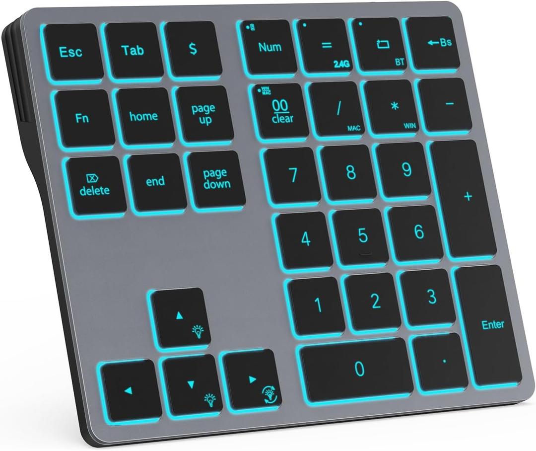 Doohoeek Bluetooth & 2.4G USB Wireless Numeric Keypad for Laptops, PC Computers Macbooks & Tablets, Dual Mode Number pad 34 Keys with 7-Color Backlit for Windows, MacOS & iOS, Gray (Grey)