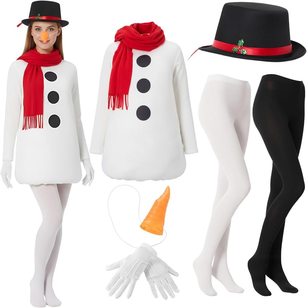 Hillban 7 Pcs Christmas Snowman Costume Kit Women Winter Snowman Costume with Cape Scarf Hat Gloves Carrot Nose Pantyhose (X-Large)