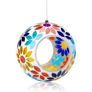 VCUTEKA Bird Feeder Mosaic Fly Through Bird Feeders for Outside Hanging with Round Shape Glass Container to Attract More Wild Birds for Garden, Yard, Backyard, Deck and Porch Decor, 7-Inch (Yellow)