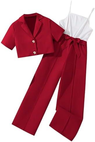 Hilinker Girl's 2 Piece Outfits Short Sleeve Blazer and Belted Sleeveless Jumpsuit Sets, Size 13-14Y, Red/White 