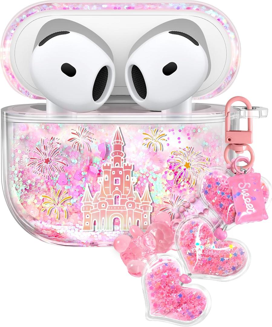 Coralogo for Apple for Airpods 4 Case - Women Girls Cute Girly Kawaii 4th Generation for Airpods Cases Cover Glitter Liquid Sparkle Castle Hard Shell Keychain Funda Estuche Forro para Airpod 4 Gen
