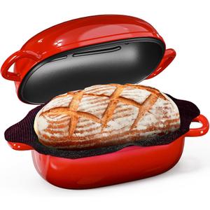 Cast Iron Dutch Bread Oven - 2.5QT Dutch Oven for Sourdough Bread Baking, Cast Iron Bread Loaf Pan with Perforated Non-Stick Silicone Liner, Blue Oval Bread Baking Pan, Gift for Family & Baker,Red
