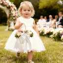 Happyiren Satin Wedding Flower Girl Basket - Elegant Pearl Handle with Bow Decoration, Ivory Color - 5.1" Diameter, Perfect for Flower Girls, Weddings, Bridal Showers, Proposals