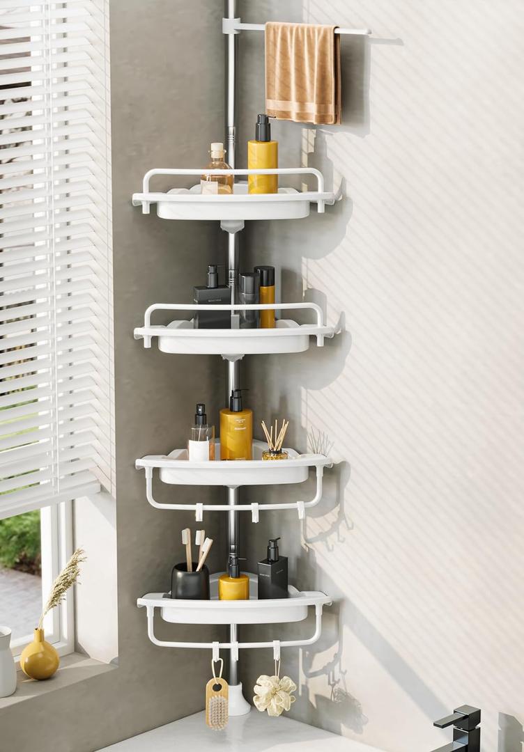 Upgrade Sturdy Shower Caddy Tension Pole Corner Shower Caddy Bathroom Organizer 18/8 Stainless Steel Rustproof 4 Tier Adjustable Shelves for Bathtub Shampoo Accessories Storage Rack 32-122inch (White)