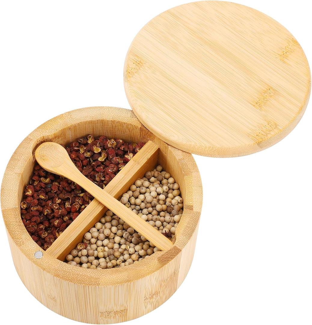 Natural bamboo Salt and Pepper Bowl, Bamboo Salt Cellar and Spices Storage Box With Built-in Spoon and Magnetic Swivel Lid (Two Compartments)